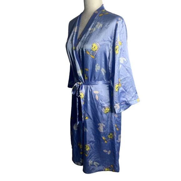 Vintage 90s Looney Tunes Tweet Bird Robe S Blue Silky Satin Tie Belt - Picture 4 of 7